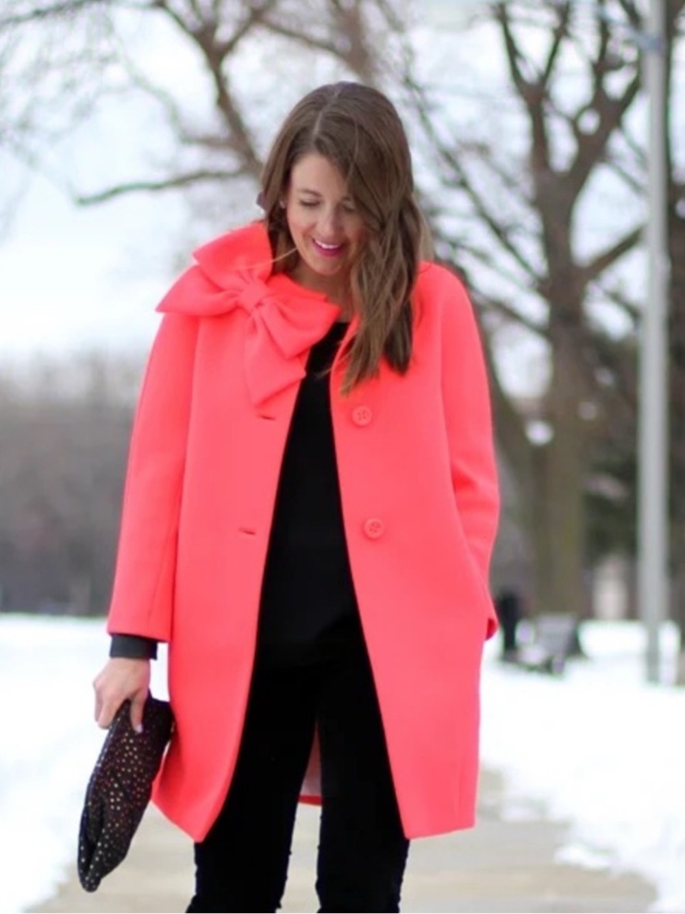 kate spade Bright Neon Pink Bow -Detail Wool Pea Coat